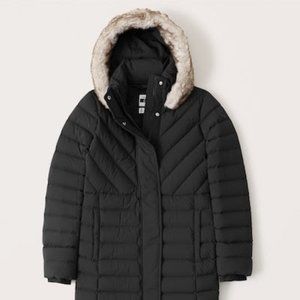 Abercrombie Long Stretch Down Puffer Coat Black